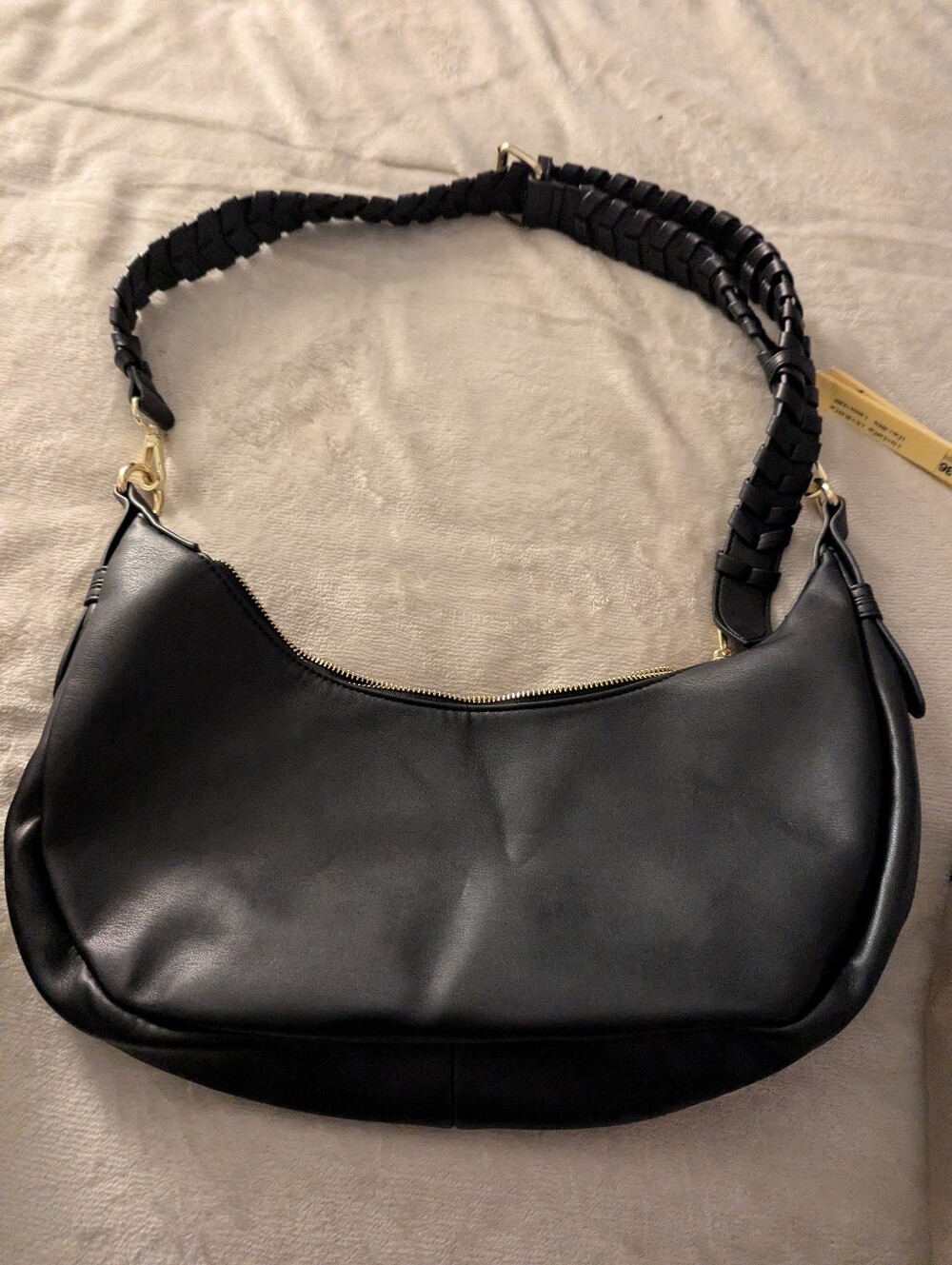 Black Leather Shoulder Bag with Braided Strap